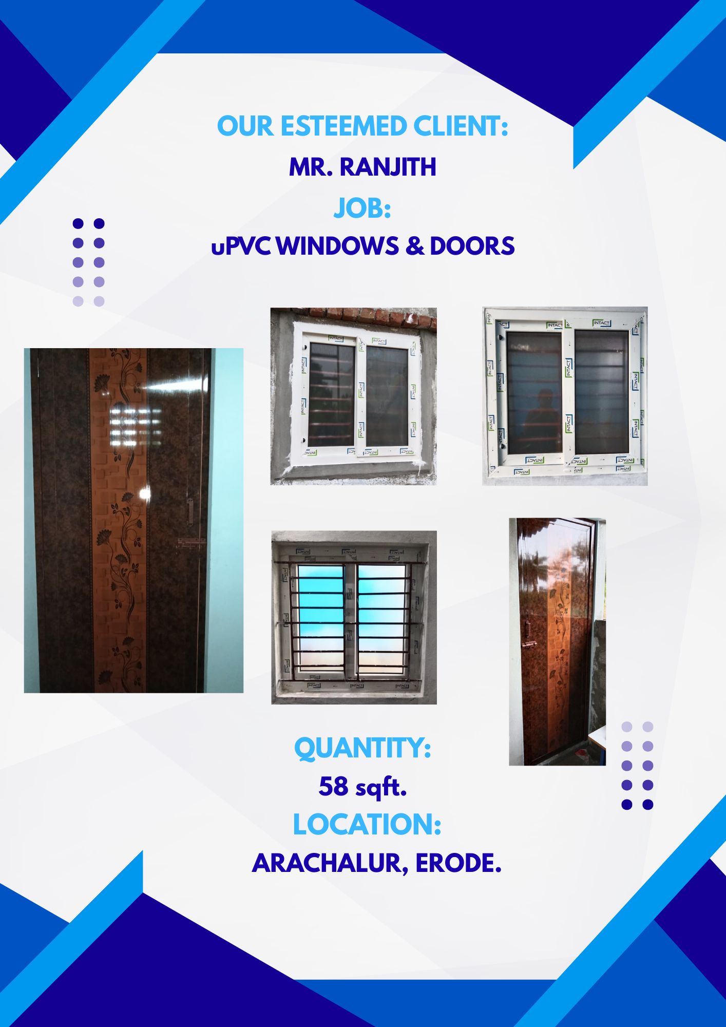 MR. RANJITH - uPVC WINDOWS - 58sqft - ARACHALUR, ERODE.