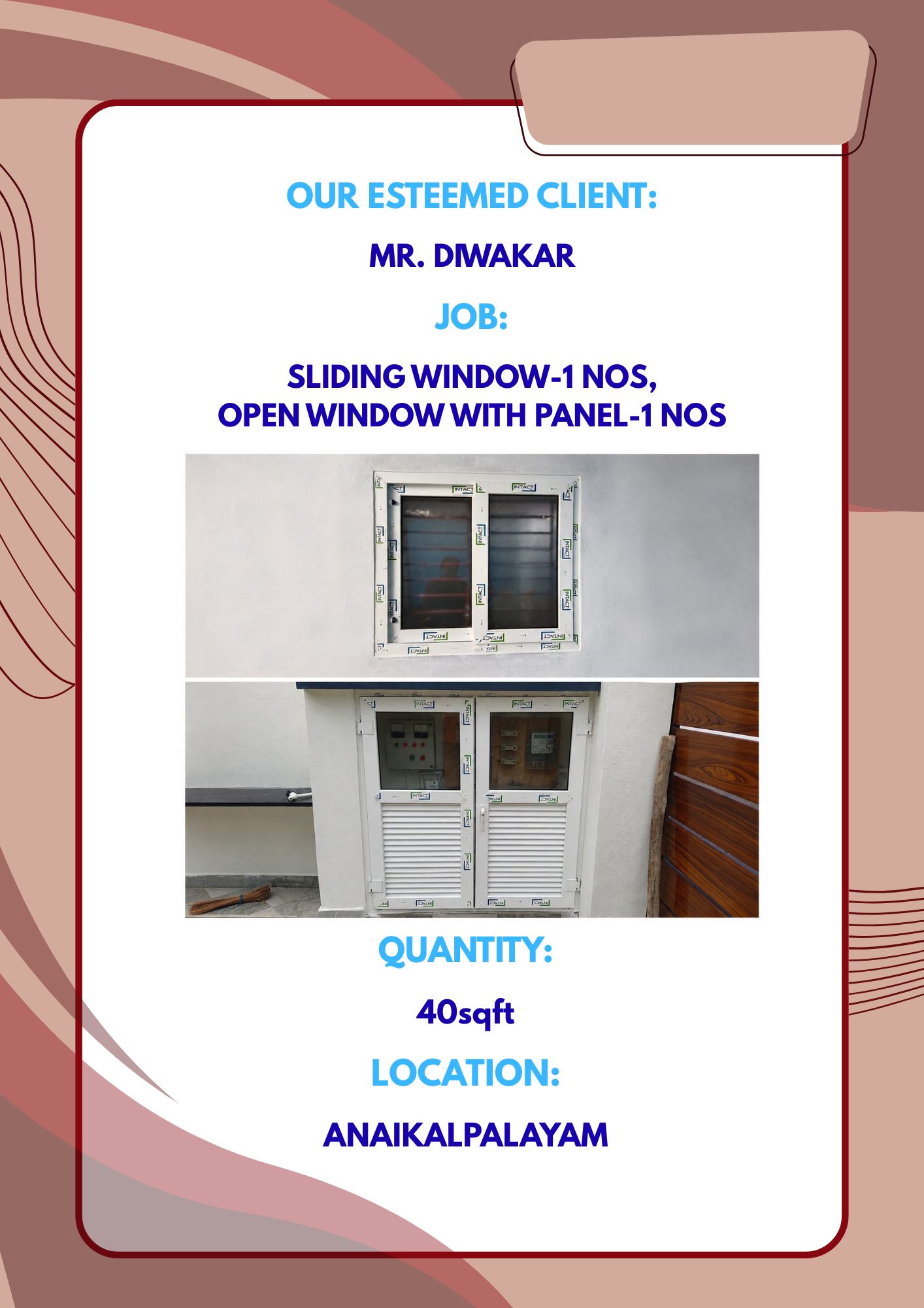 MR. DIWAKAR-SLIDING WINDOWS/1NOS-OPEN WINDOW WITH PANEL/1NOS-40sqft-ANAIKALPALAYAM