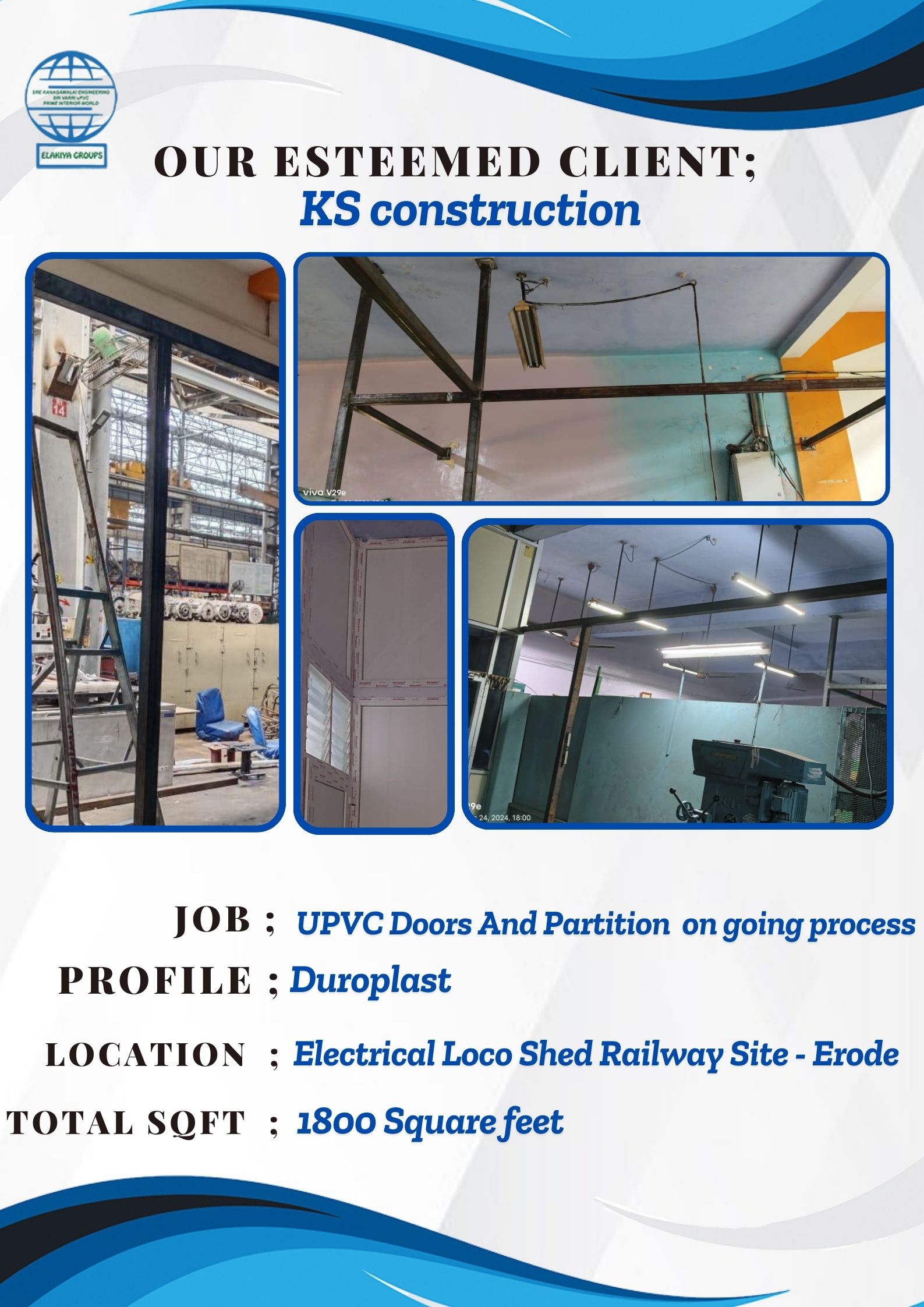 M/s. KS CONSTRUCTION-UPVC DOORS AND PARTITION-ELECTRICAL LOCO SHED RAILWAY SHED-ERODE-1800sqft